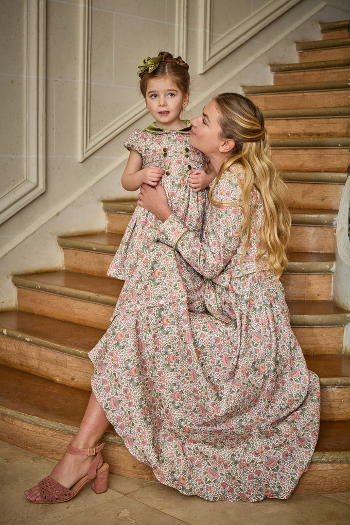 Rison Smocked Dress in Baroque Rose with Olive Green Velvet Trim