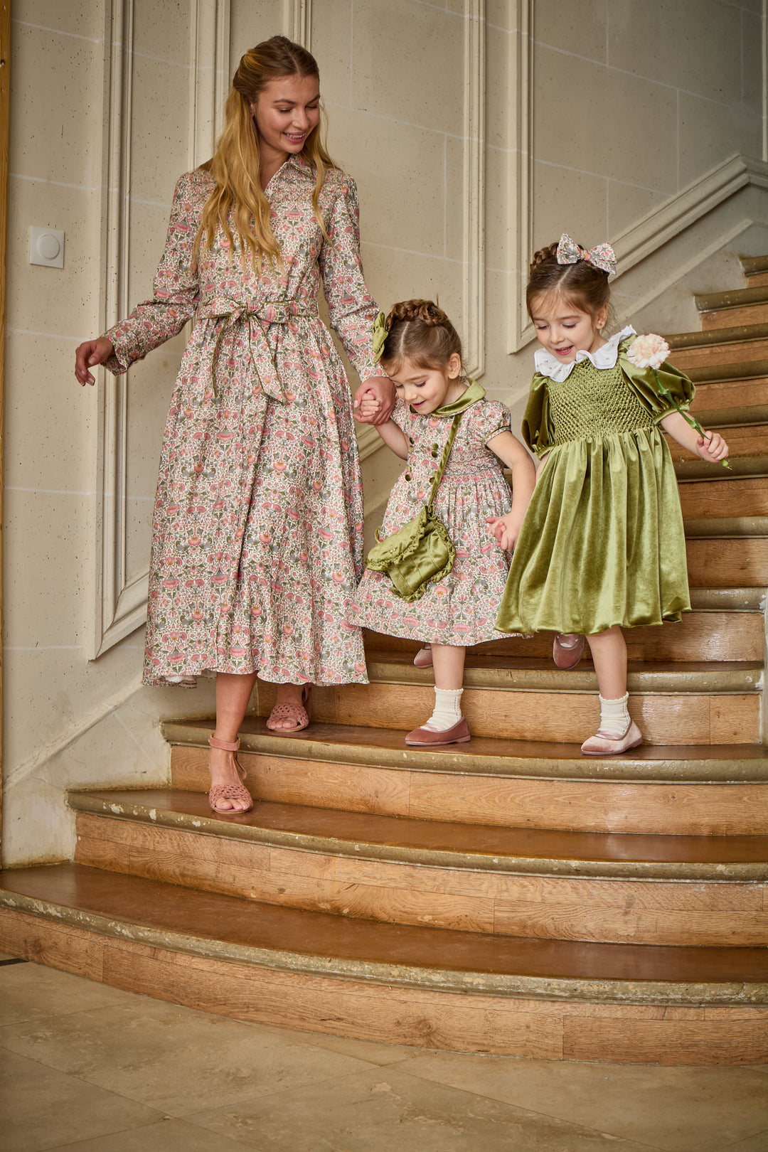 Rison Smocked Dress in Baroque Rose with Olive Green Velvet Trim