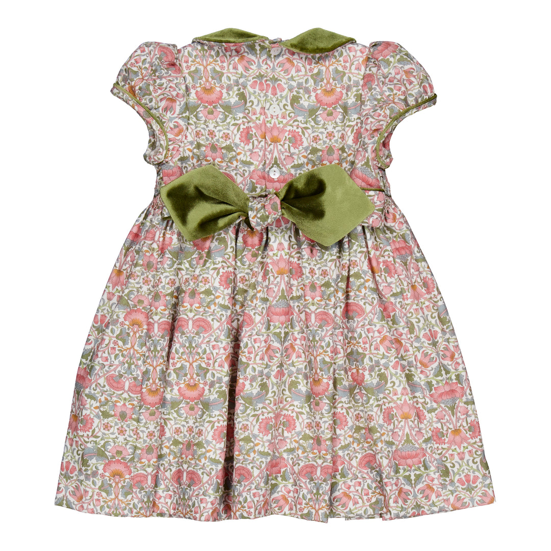 Rison Smocked Dress in Baroque Rose with Olive Green Velvet Trim