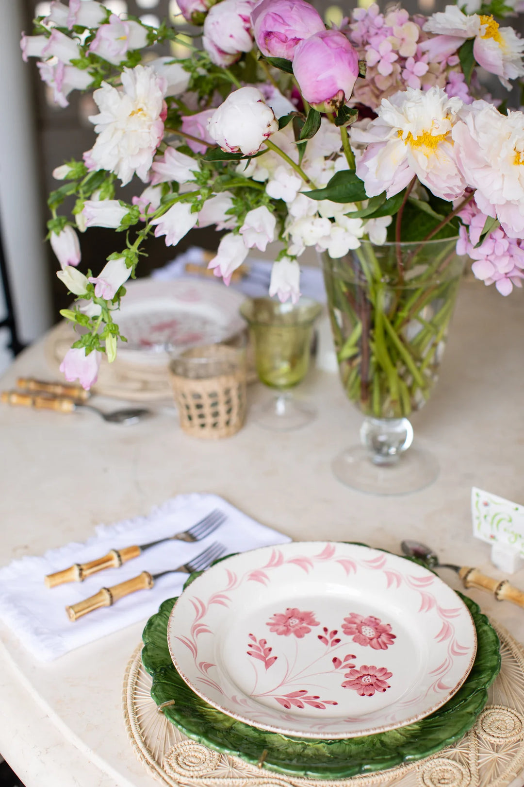 Casa Nuno Pink and White Dinner Plate, 3 Flowers/Vines - Set Of 2