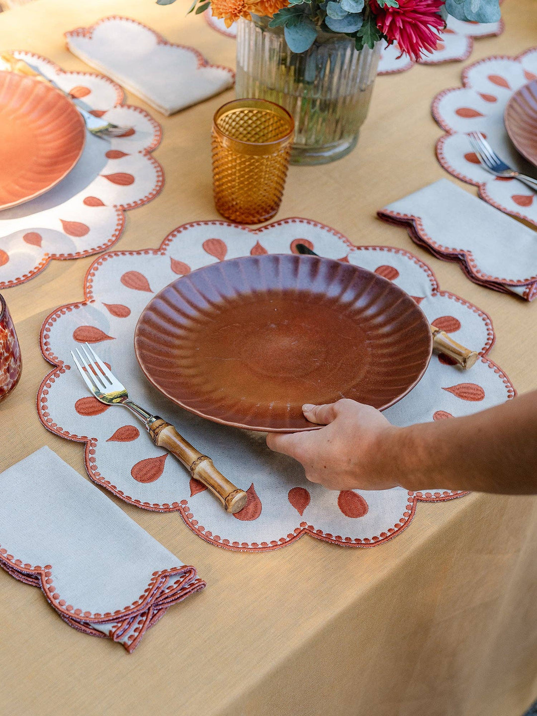 Gotas Dinner Napkin Beige with Terracotta Embroidery - Set of 6