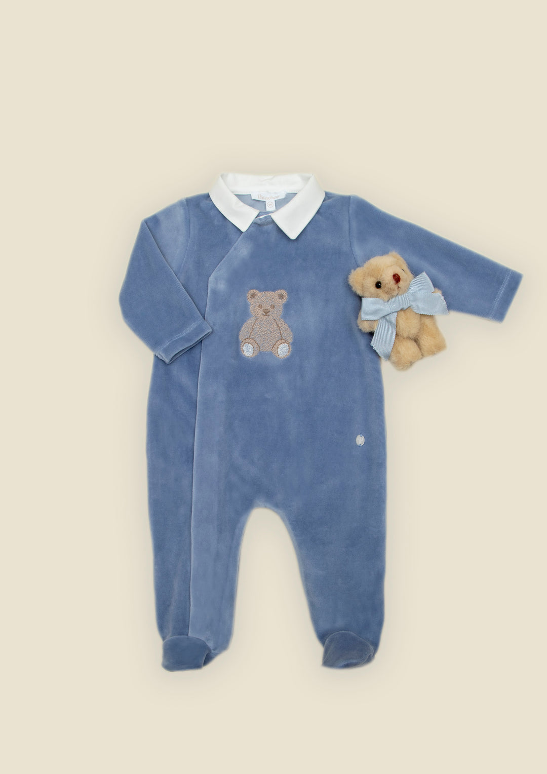 Patachou Blue Velour Teddy Bear Footie