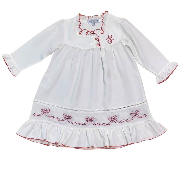 Classic White Ruffle Nightgown with Embroidered Red Bow
