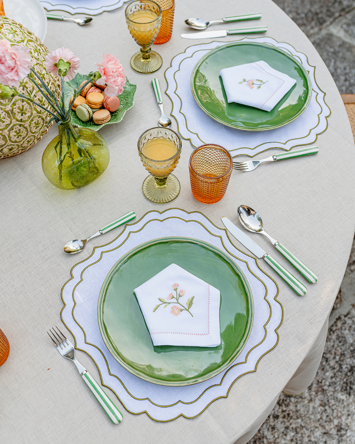 Greta Placemat, White with Green - Set of 6