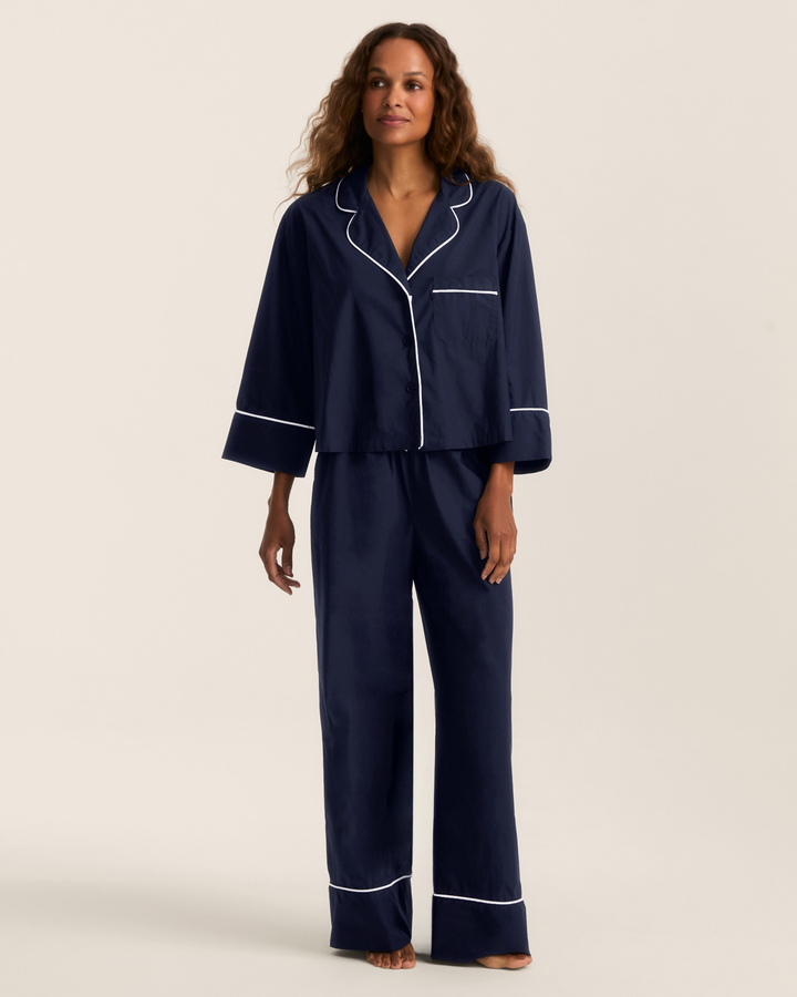 The Celine Poplin Pajama Set in Navy