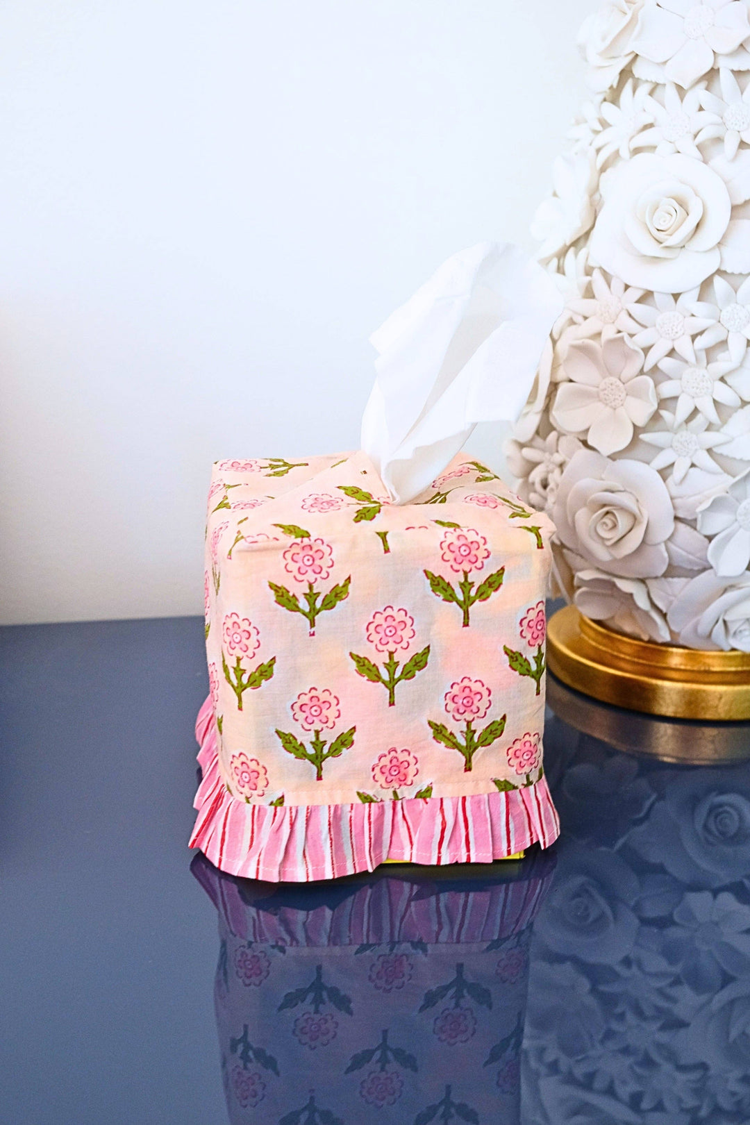 Ruffle Tissue Box Cover in Mona Pink Blockprint