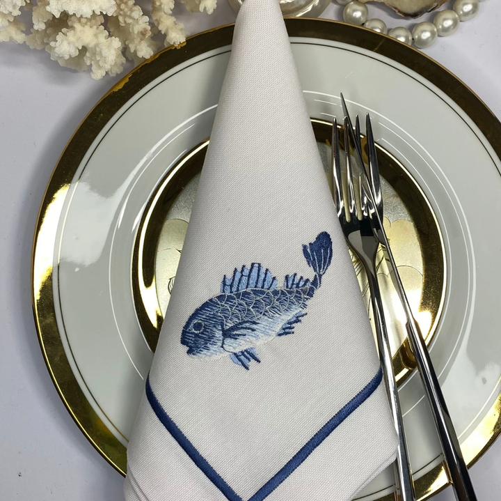 Coastal Themed Embroidered Napkins - Set of 4