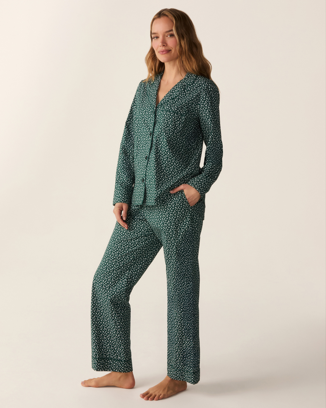 Petite Plume Women's Poplin Pajama Set in Ditsy Waltz Evergreen