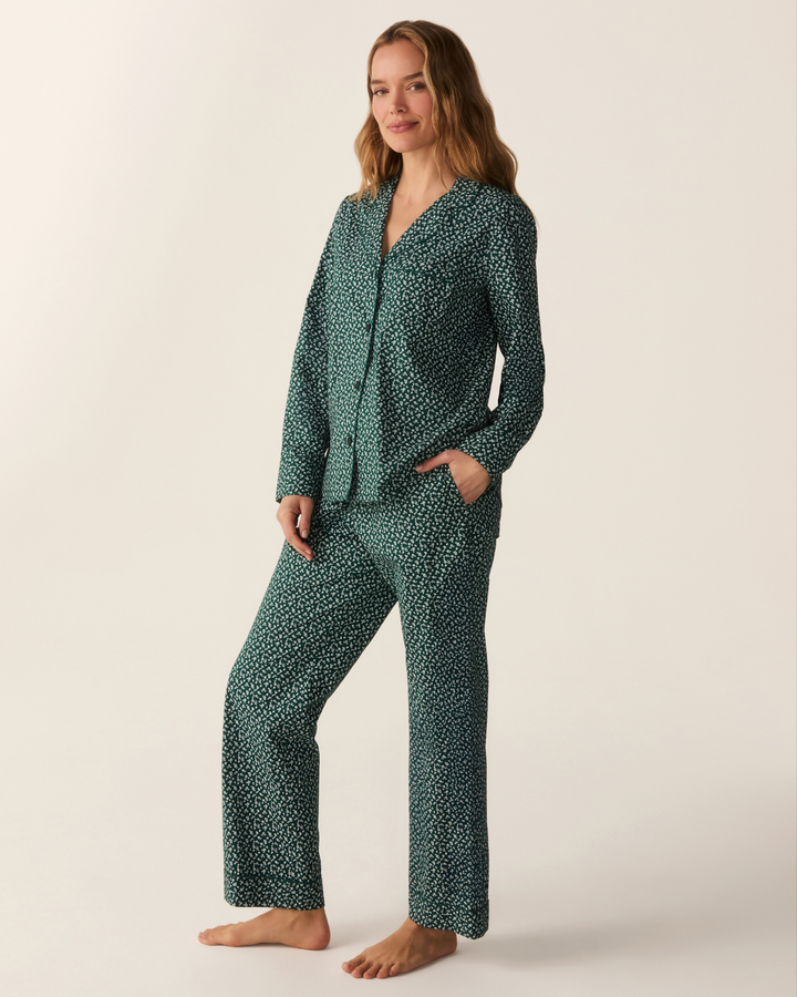 Petite Plume Women's Poplin Pajama Set in Ditsy Waltz Evergreen
