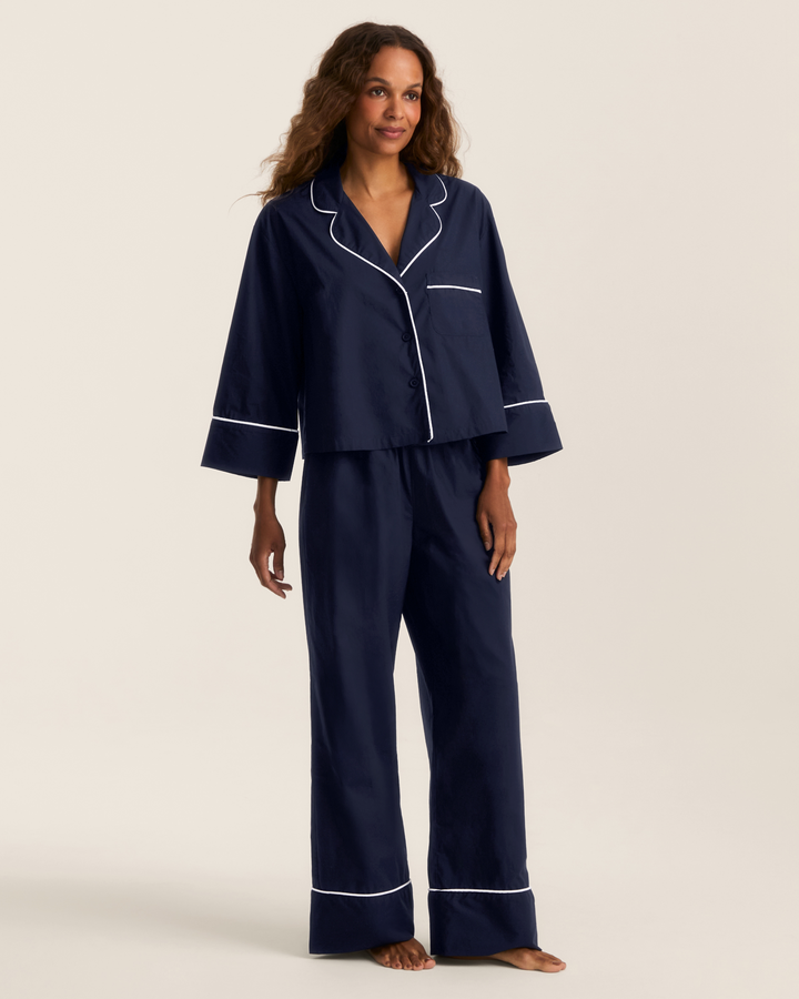 The Celine Poplin Pajama Set in Navy