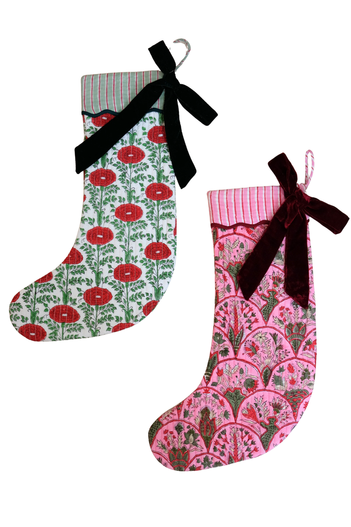 Blockprint Stocking in Holiday Arch - Pink