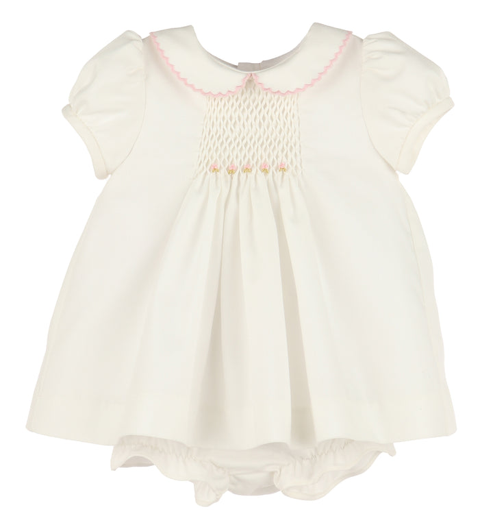 Honeycomb Smock Dress with Pink Trim and Bonnet