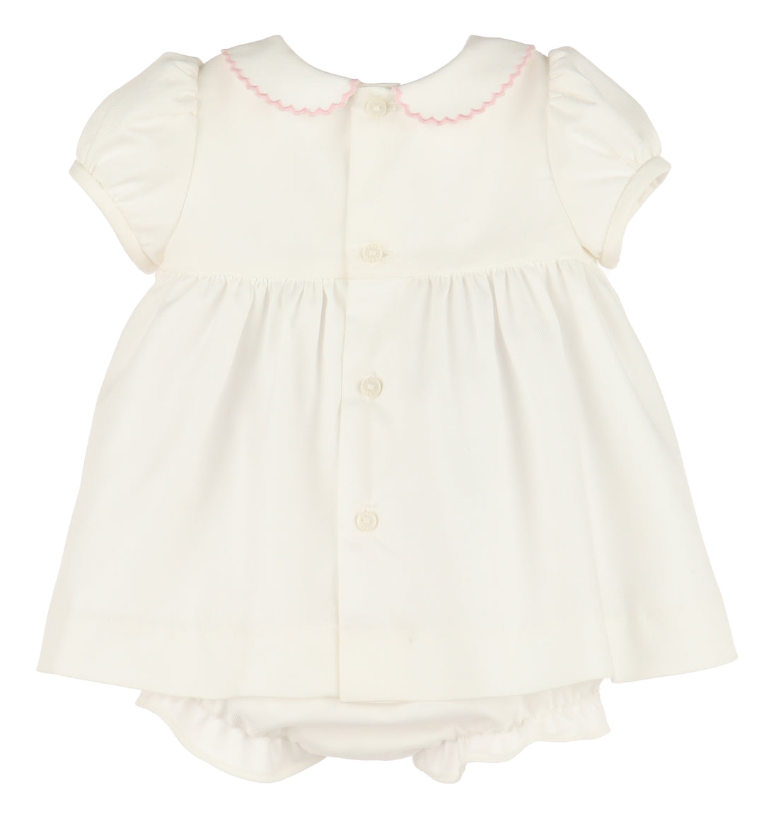Honeycomb Smock Dress with Pink Trim and Bonnet