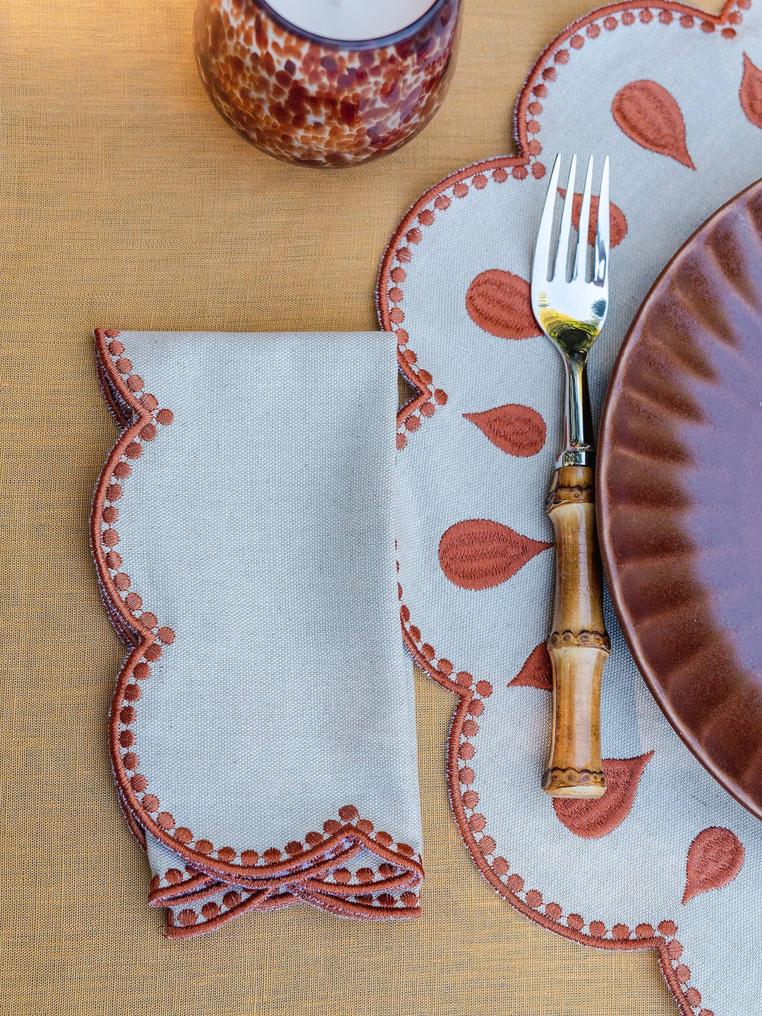 Gotas Dinner Napkin Beige with Terracotta Embroidery - Set of 6