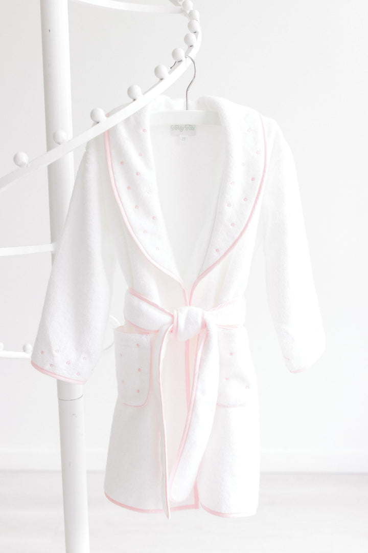 Toddler Bathrobe – White with Pink Dots