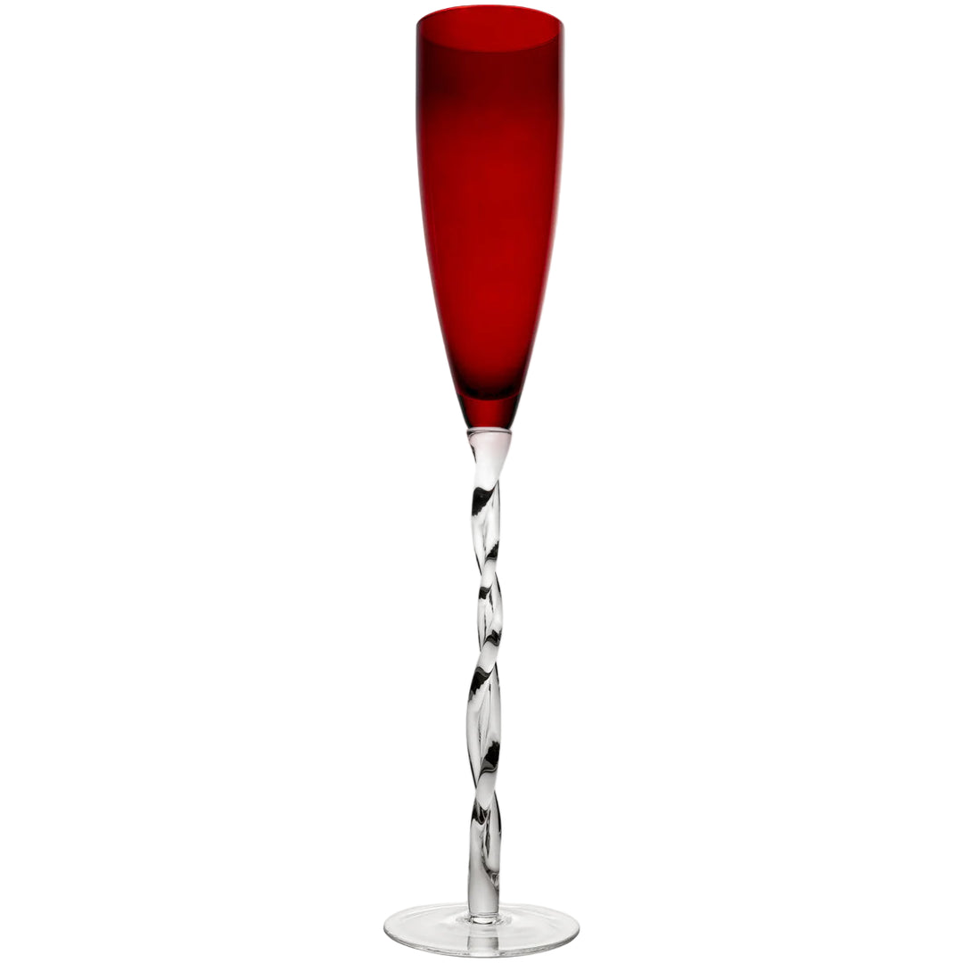 Red-topped glass with a twisted stem on a white background