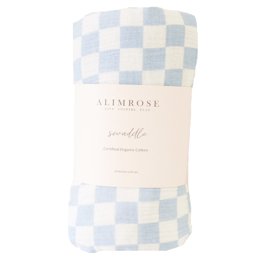 Checkered baby blanket with 'Alimrose' branding on a white background