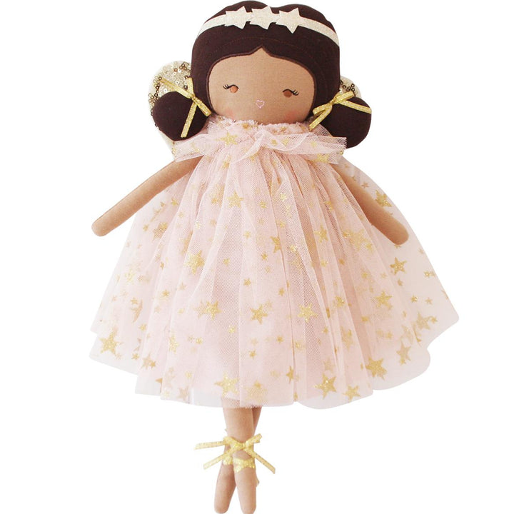 Doll with a pink dress featuring gold stars on a white background