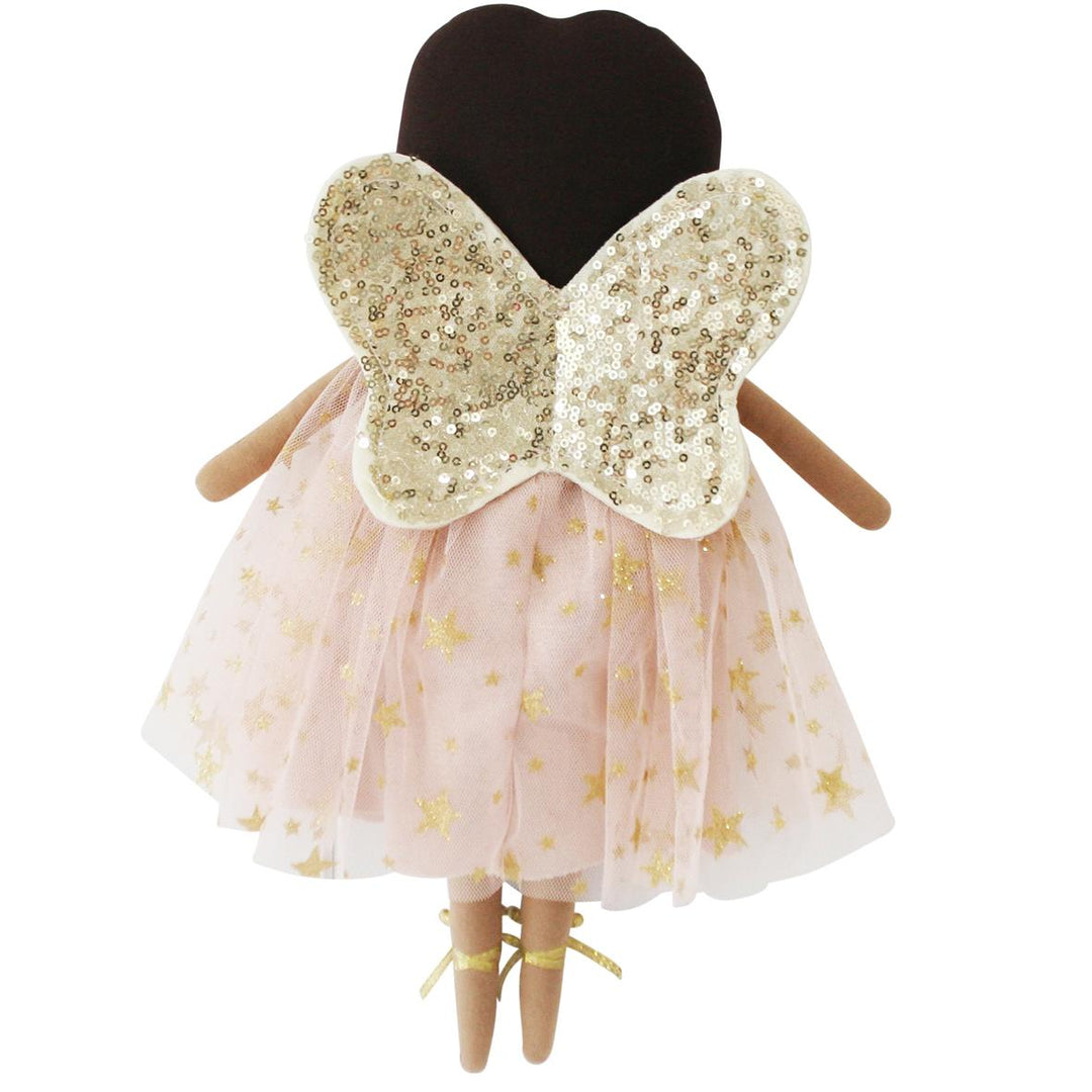 Doll with pink dress and gold sequin wings on a mannequin against a white background