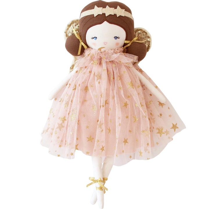 Stuffed doll with a pink dress featuring gold stars on a white background