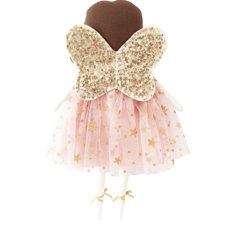 Pink fairy costume with gold sequin wings on a mannequin against a white background