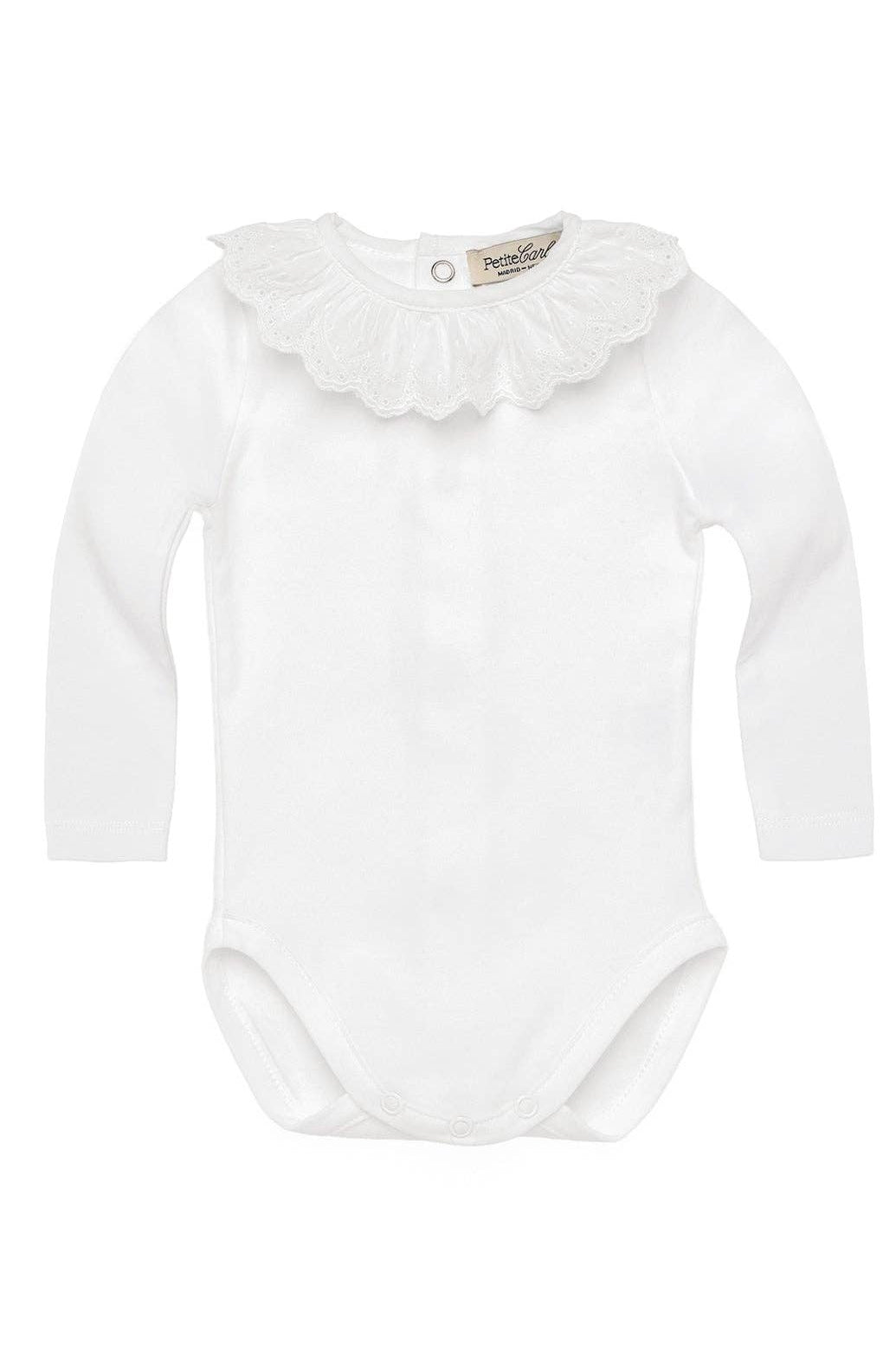 Andrea Cloud White Cotton Baby Bodysuit. Embroidered Ruffle Collar Baby Bodysuit. Petite Carlota Long Sleeve Baby Outfit.