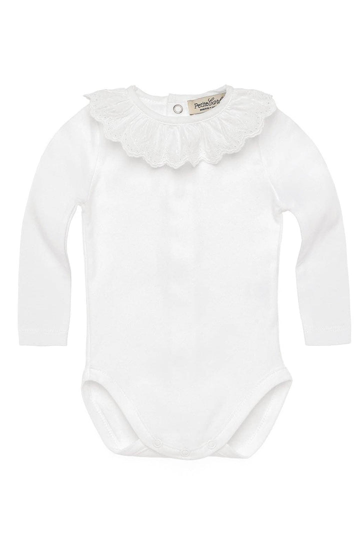 Andrea Cloud White Cotton Baby Bodysuit. Embroidered Ruffle Collar Baby Bodysuit. Petite Carlota Long Sleeve Baby Outfit.
