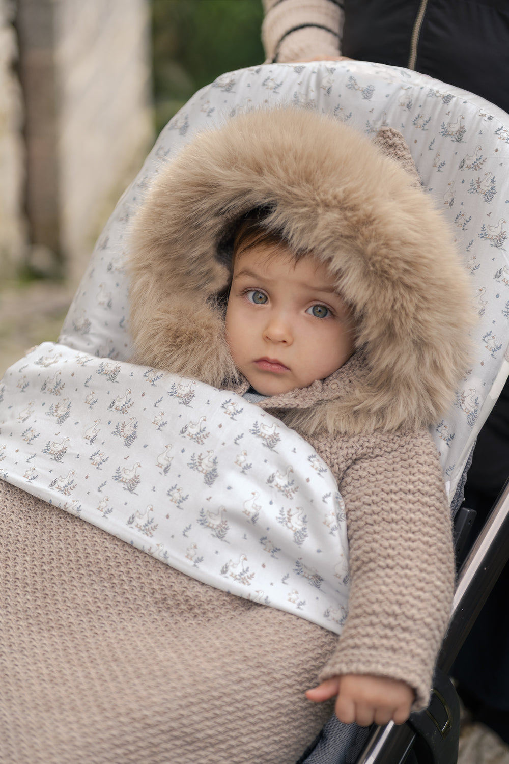 A baby in a beige knit baby wrap and faux fur hooded winter coat sitting in a stroller with a white patterned liner.