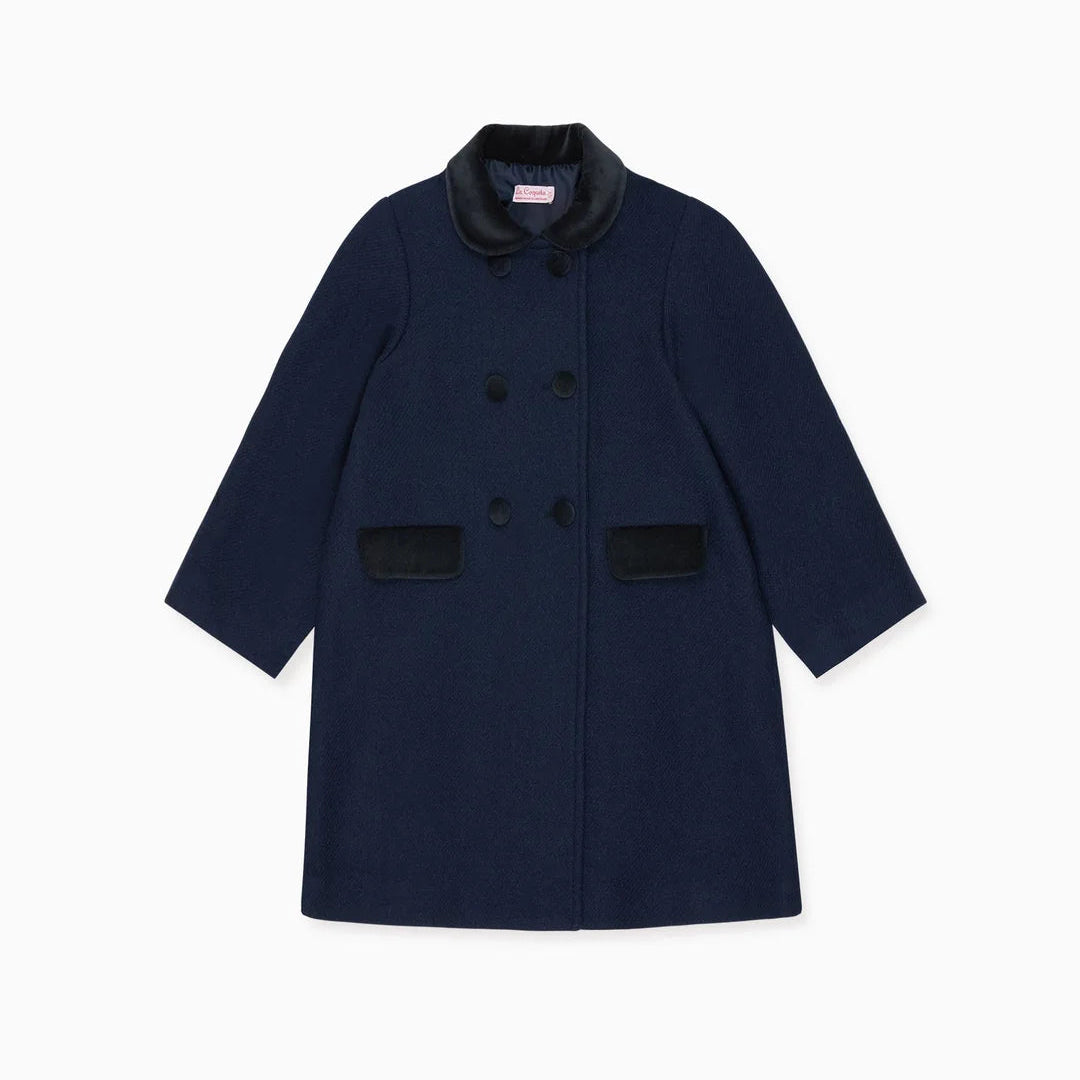A navy blue coat with black trim on the collar, buttons, and front pockets, displayed against a plain white background.