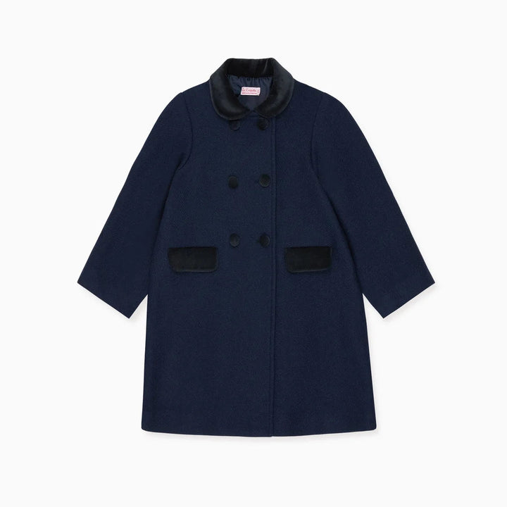 A navy blue coat with black trim on the collar, buttons, and front pockets, displayed against a plain white background.