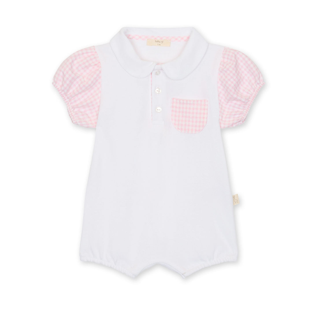 White baby romper with pink checkered sleeves on a white background