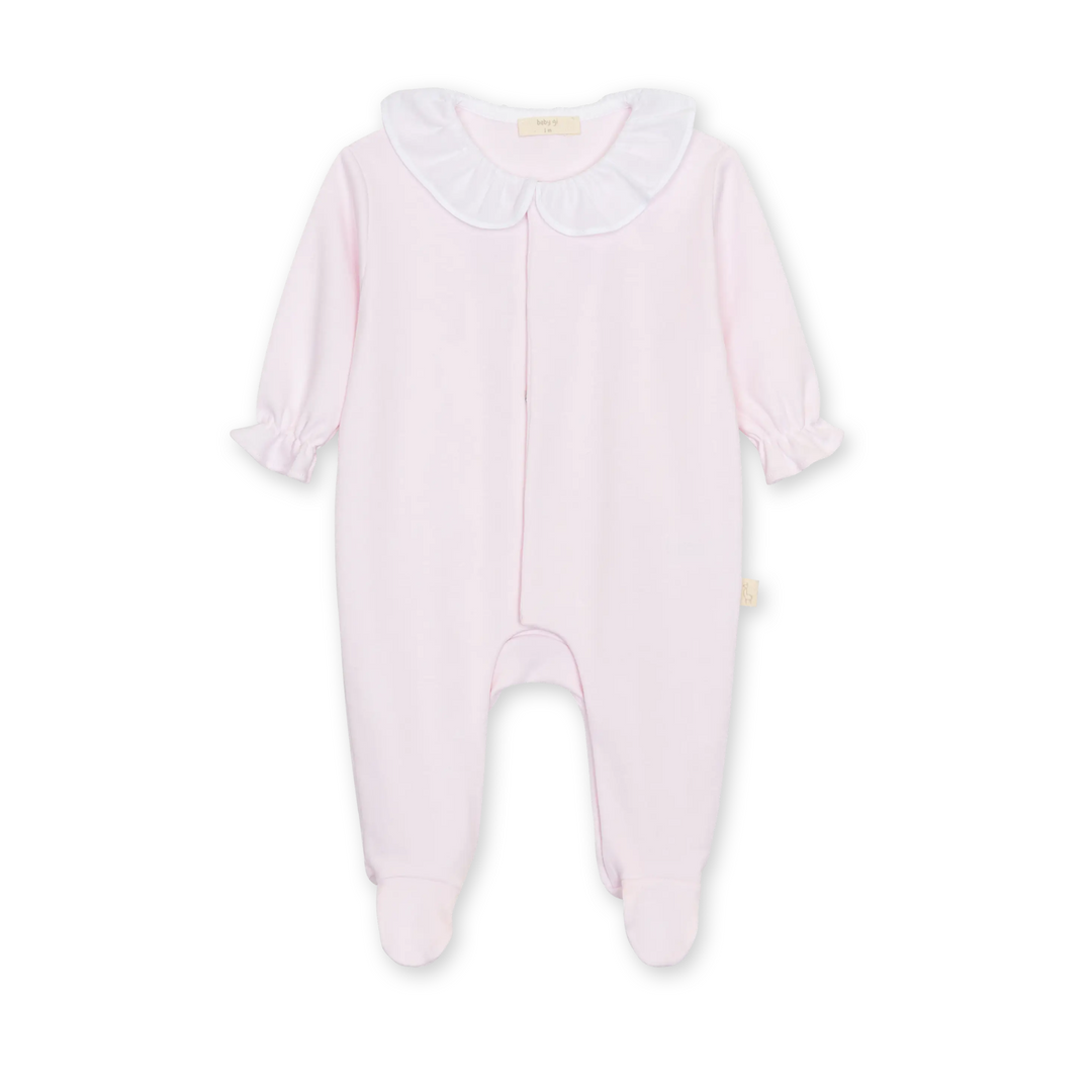 Pink baby onesie with a collar on a white background