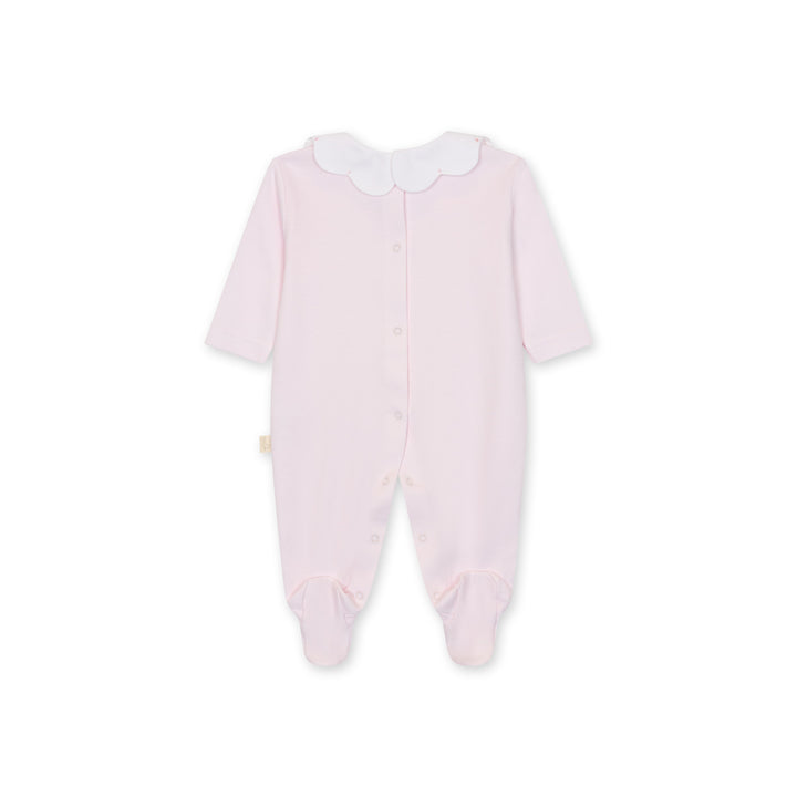 Pink baby onesie with a white collar on a white background