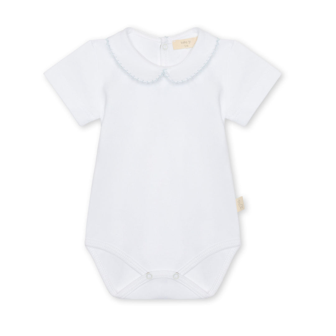 White baby bodysuit with collar on a white background