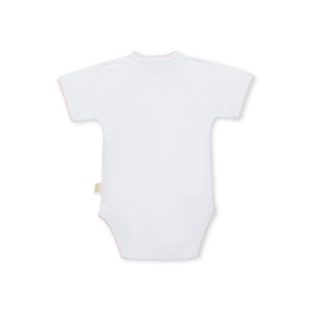 Back of newborn short sleeve onesie on white background