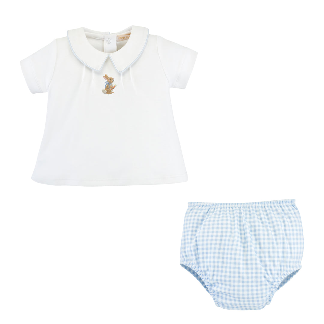 White Peter Pan collard shirt with Embroidered Bunny and Blue Gingham Bloomers on white background