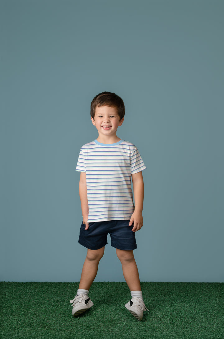 Boy wearing Baby Club Chic Navy Solid Short with shirt