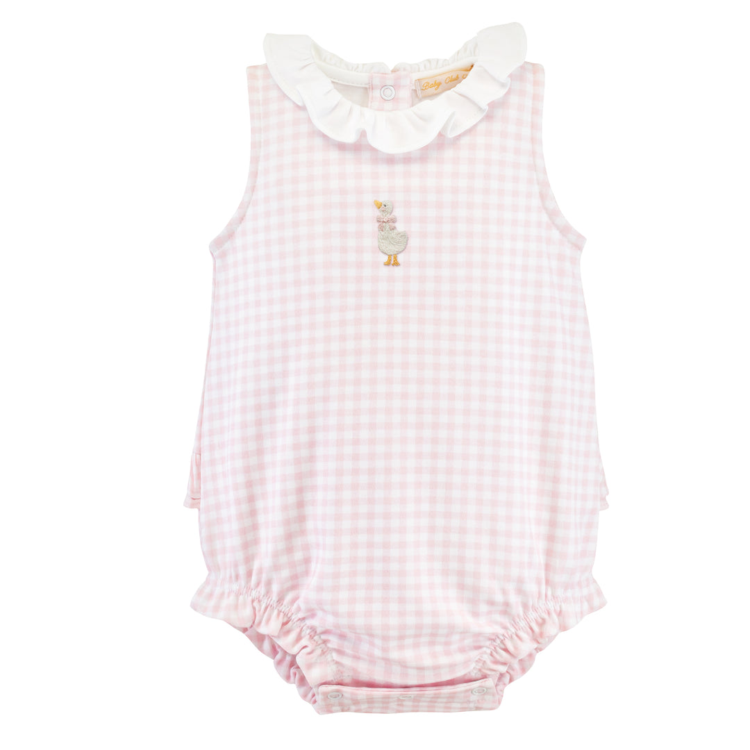 Pink gingham baby romper with white collar on a white background