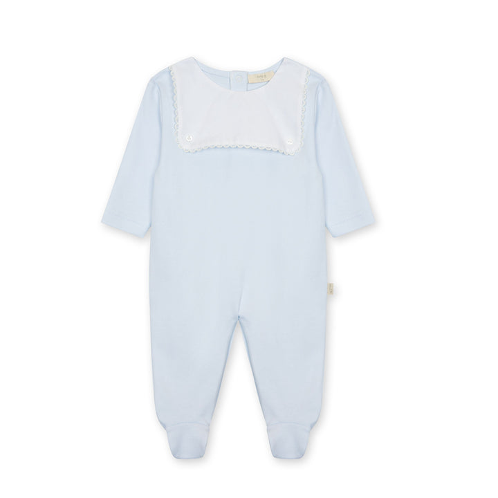 Light blue baby onesie with white trim on a white background