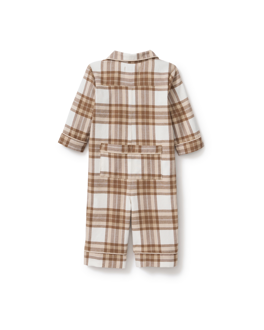A toddler's long-sleeve romper in a brown and cream plaid pattern, shown from the back against a plain white background.