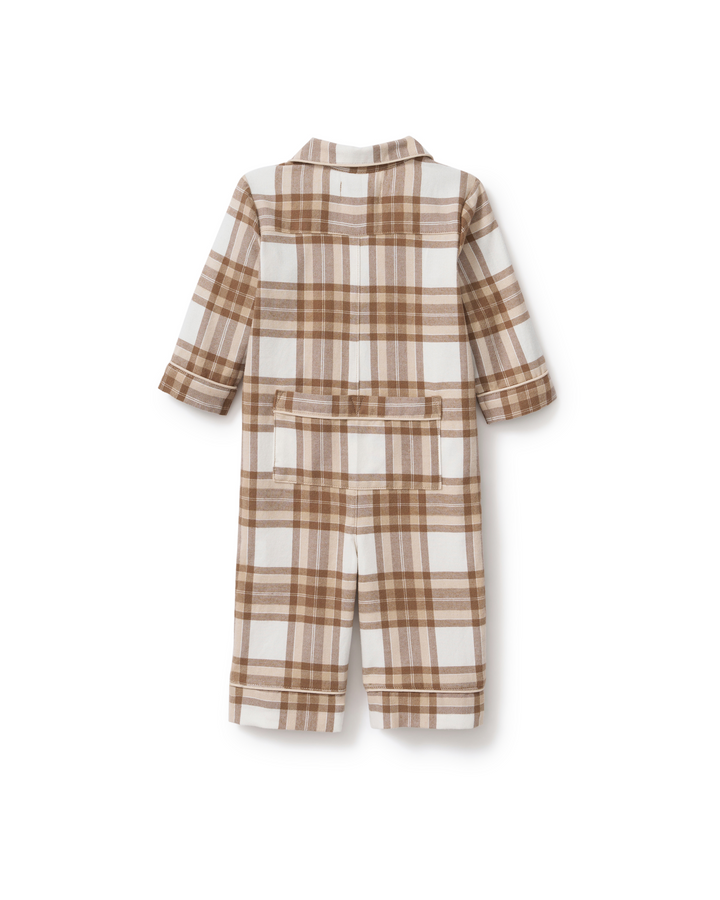 A toddler's long-sleeve romper in a brown and cream plaid pattern, shown from the back against a plain white background.