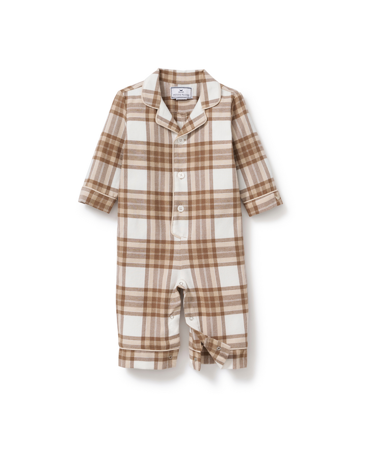 A baby long-sleeve romper in a brown and cream plaid pattern, featuring a collar, snap-button front, and leg ties, shown on a plain white background.