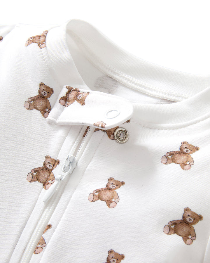 White pima cotton footie teddy bear pattern on a white background