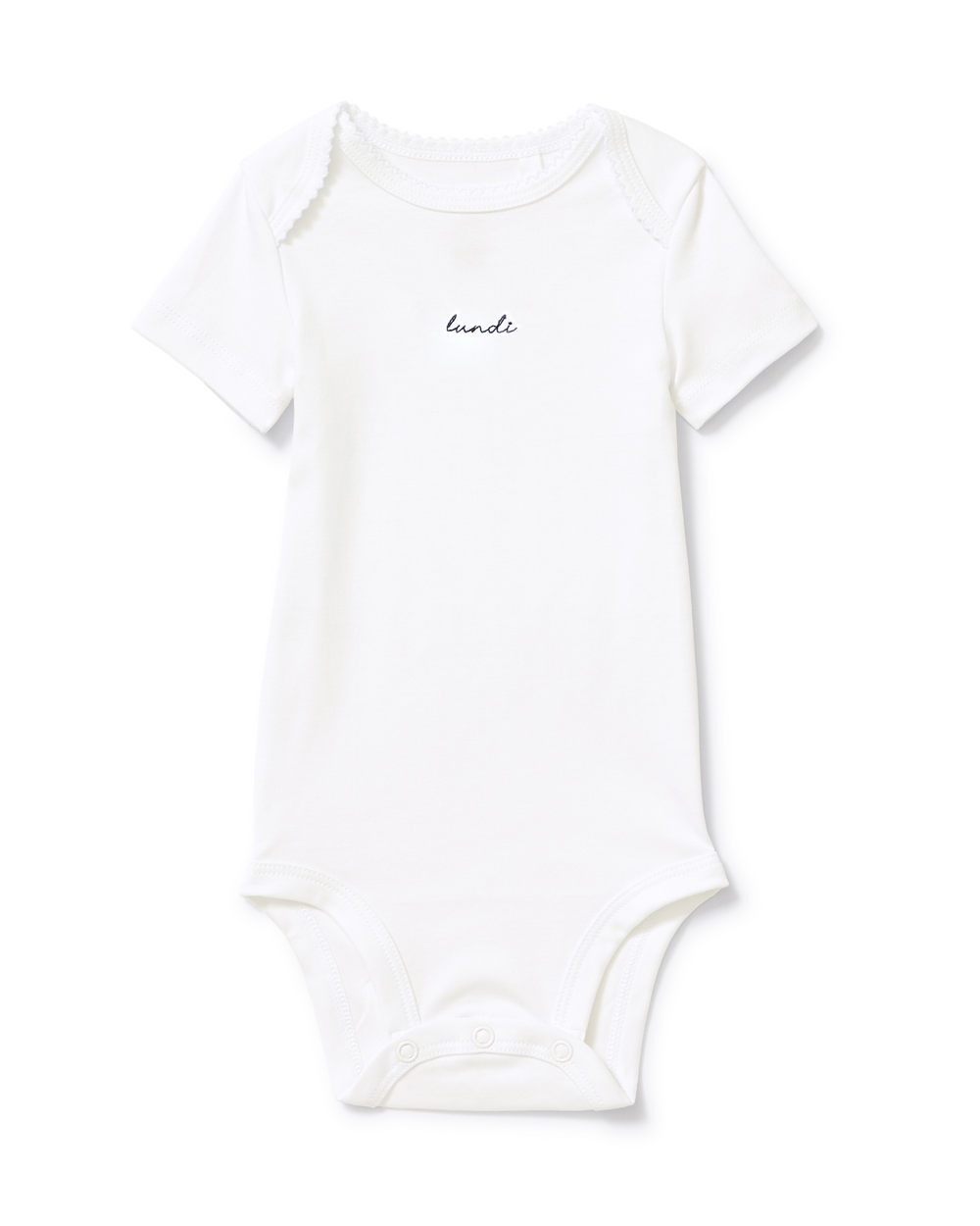 A white short-sleeve baby bodysuit with a small black script logo reading 'lundi' on the chest, displayed flat against a clean white background.