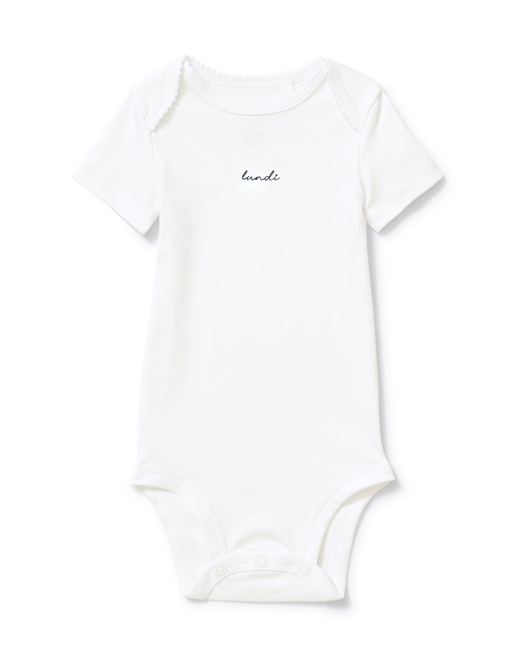 A white short-sleeve baby bodysuit with a small black script logo reading 'lundi' on the chest, displayed flat against a clean white background.
