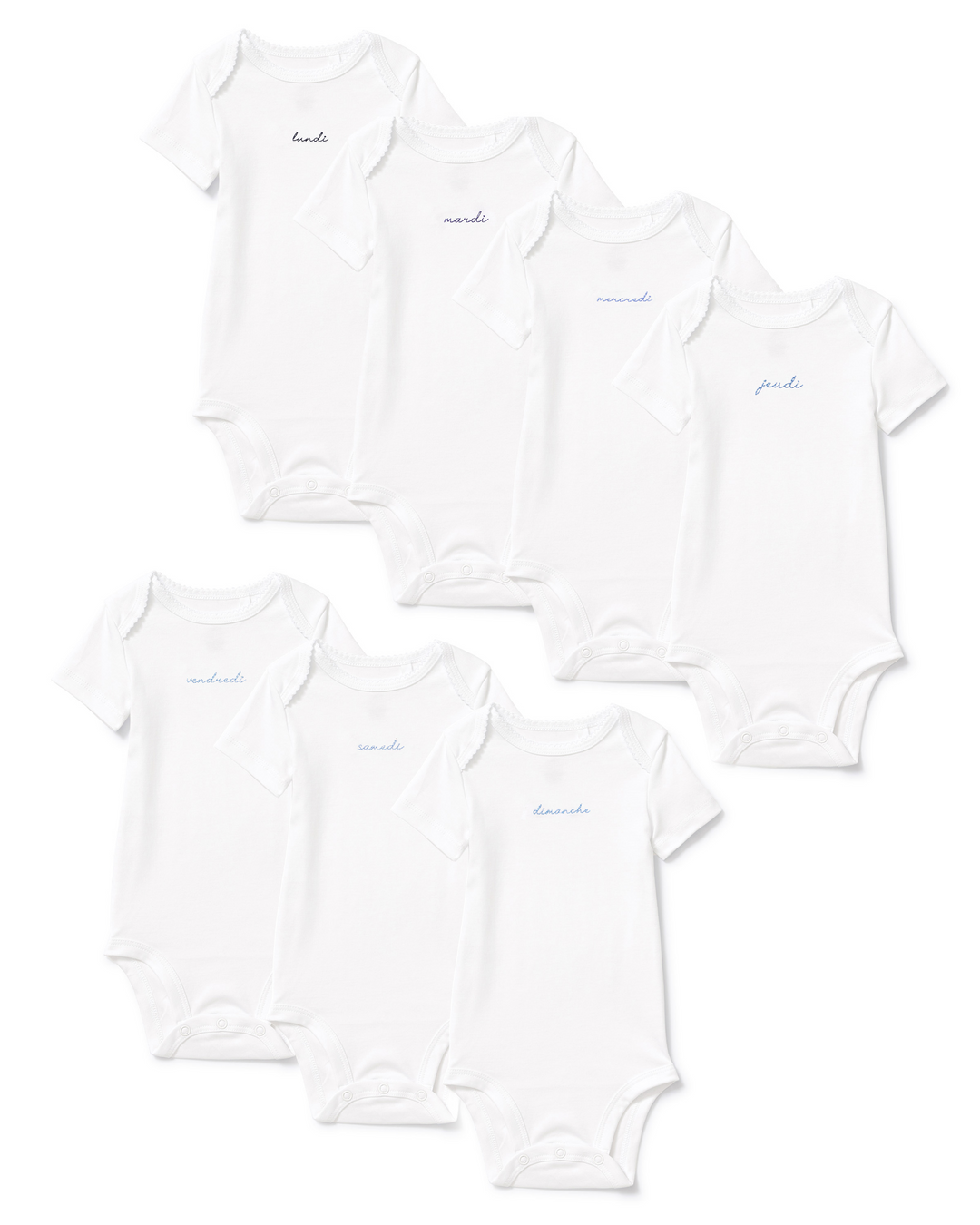 Six white short-sleeve baby bodysuits arranged in two overlapping rows on a plain white background. Each bodysuit has a small cursive word printed near the upper chest in light blue, including 'bride', 'mama', and 'pride'.