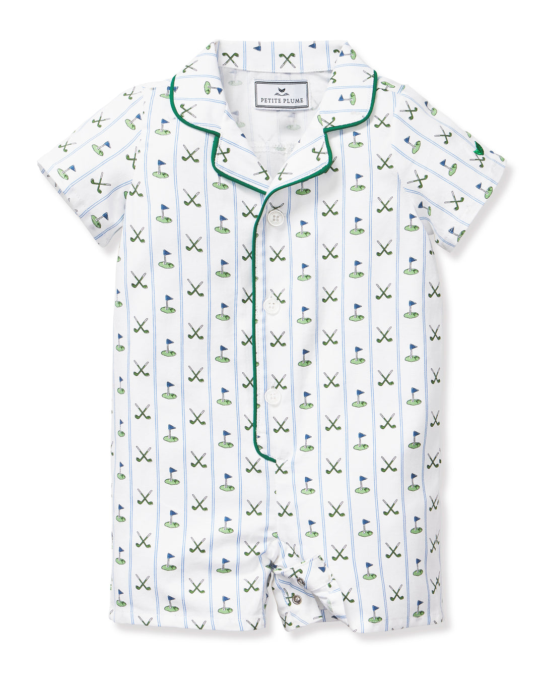 Baby romper with golf pattern on a white background