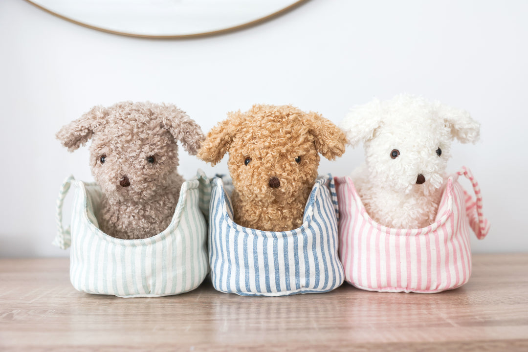 Three teddy bears in colorful baskets on a wooden surface with a white wall background.