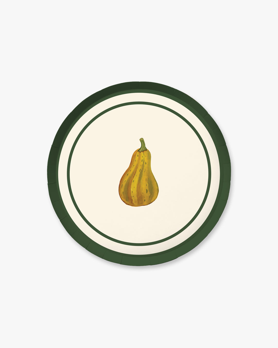 Bistro Appetizer Paper Plate Set in Orange, ivory plate with green double border and hand-painted golden pear motif, front view on white background
