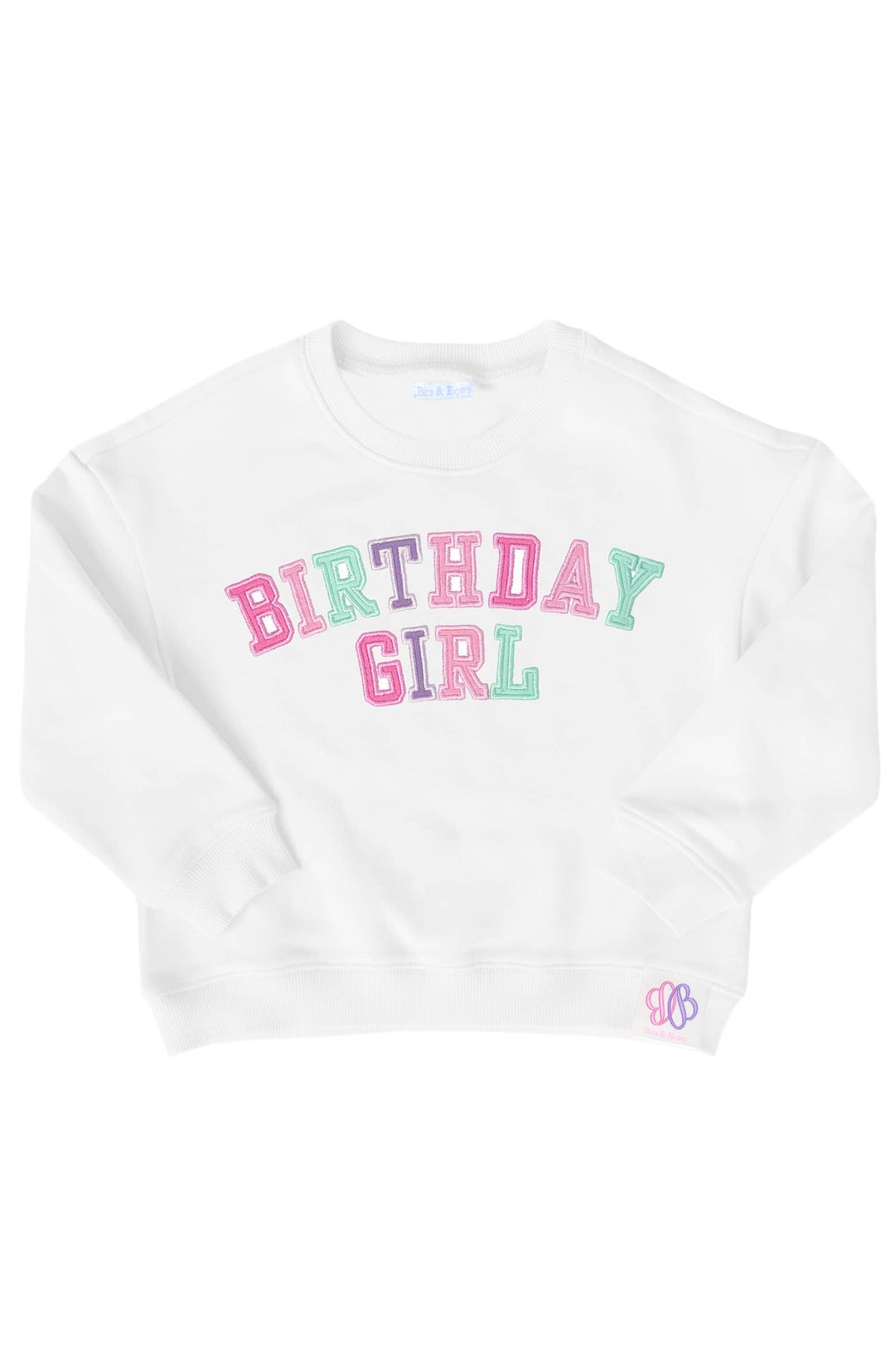 White sweatshirt with 'BIRTHDAY GIRL' text on a white background